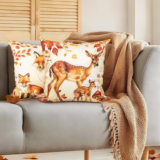 Animal Family Theme Fall Pillow Covers 20x20 Inch Set of 4, Burnt Orange Rust Decorative Autumn Thanksgiving Harvest Home Decor for Sofa Couch Living Room