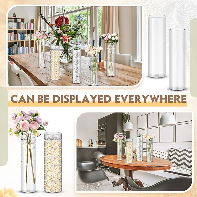 Nuogo 24 Pcs Acrylic Clear Cylinder Vase Plastic Flower Vase Unbreakable Tall for Wedding Centerpieces Party Home Plants Bouquet Decor (12 Inch)
