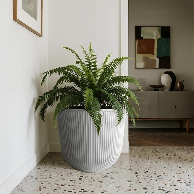 WORTH Garden Round Large Planter Pot 1-Pack - 17.5" Dia x 15.5" H - Durable Plastic White Plant Tree Pots with Vertical Stripe Textured Finish, Drainage Hole for Indoor, Outdoor, Front Porch, Patio