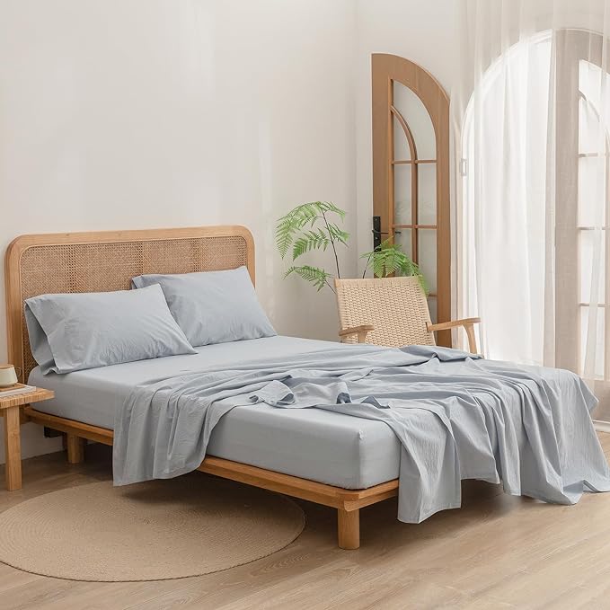 BESTOUCH Sheet Set 100% Washed Cotton Linen Feel Super Soft Comfortable Chic Lightweight 4 Pcs Home Bedding Set Solid Cornflower Blue Cal King