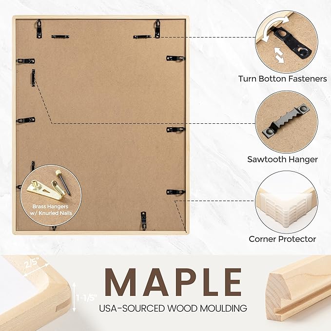 11x14 Picture Frame Set of 2, USA-Sourced Maple Wood Photo Frame with Tempered Glass, Handcrafted Rounded Corner 11 x 14 Wooden Frame Matted to 8x10 Photos