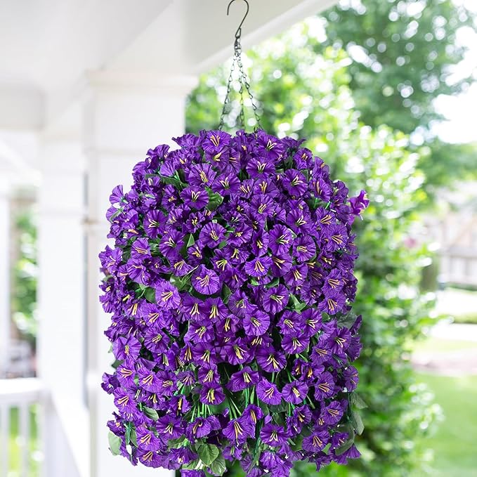 Artificial Faux Hanging Flowers Plants Basket for Spring Summer Outdoor Porch Decor, Fake Silk Purple Morning Glory Long Vine in Planter UV Resistant Realistic for Inside Home Patio Balcony