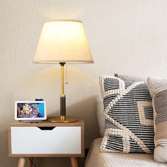 21" Bedside Lamps Set of 2 for Bedroom Living Room Modern Table Lamp Nightstand Lamp for End Tables 3-Color Temperatures Pull Chain Wood Fabric for Home/Office/Desk Decor (Light Brown+Brass)