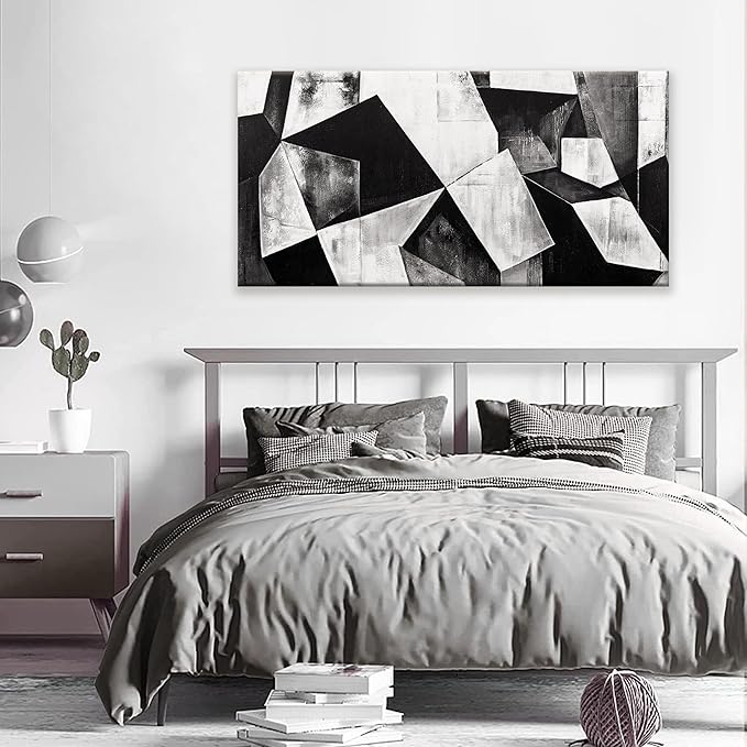 TAIJXAGSG Canvas Art Wall Decor Color Block Line Art Prints Black And White Geometric Color Block Art Painting Modern Artwork Decorations For Living Room Pictures For Bedroom Wall Decor 24x48 In