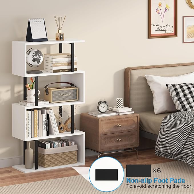 Yusong Geometric Bookcase, S Shaped Bookshelf 4-Tier Book Shelves for Bedroom, Modern Wood Decorative Display Shelf Tall Book Case for Home Office, Black and White
