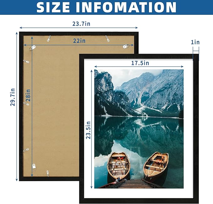22x28 Frame Set of 2, Rustic Black Wood Style - Display 18x24 Picture Frame with Mat or 22 x 28 Poster Frame without Mat, Wall Mounting Horizontal and Vertical