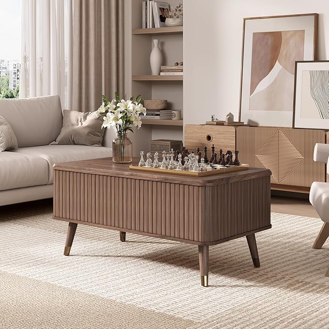Lift Top Coffee Table, Mid Century Modern Coffee Table with Hidden Storage Compartment, 38" Fluted Center Table for Living Room, Home Office, Walnut