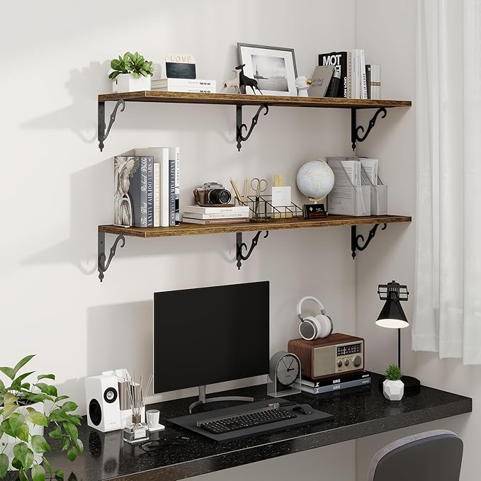 Fun Memories Large Floating Shelves for Wall 48 Inches Long, 12 Inch Deep Shelves with Metal Bracket, 48 Inch Floating Shelves Wall-Mounted, Wide Display & Storage Bookshelves, Rustic Brown, Set of 2