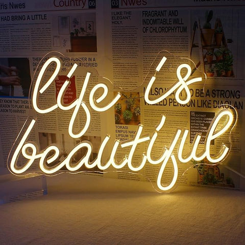 Horseneon Life is Beautiful Neon Signs for Wall Decor, Letter Neon Lights for Bedroom, Led Sign with USB Powered for Livingroom, Wall Hanging Decor, Windows (Warm White)