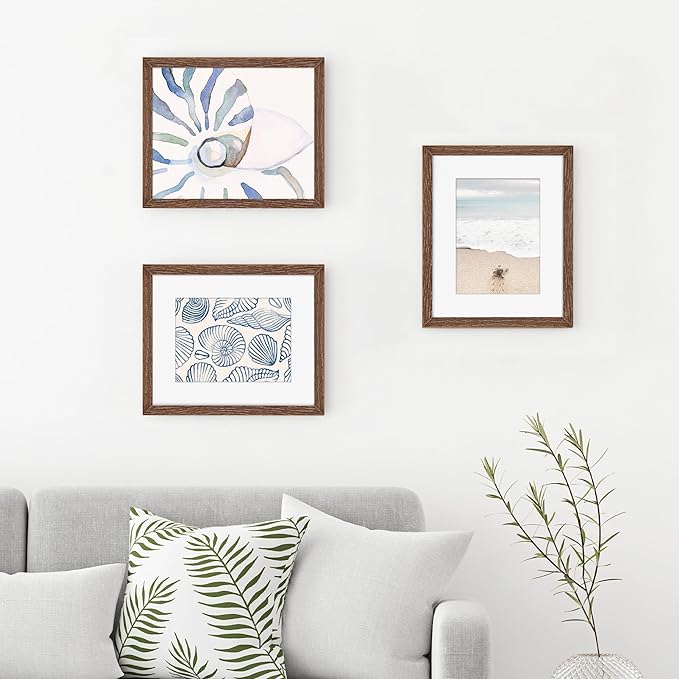 Solid Oak Wood Frame 8x10, 8 x 10 Frame Set of 3, 8"x10" Photo Frames with Stand, 8 by 10 Frame for Wall & Tabletop Display, 8x10 Wood Frame, Walnut Color