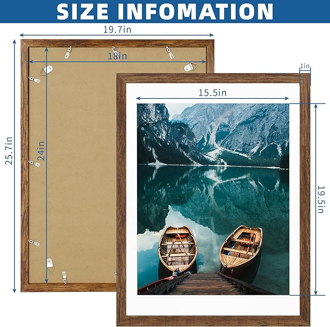 18x24 Frame Set of 2, Rustic Brown Wood Style - Display 18 x 24 Poster without Mat or 16x20 Picture with Mat, Wall Mounting Horizontal and Vertical