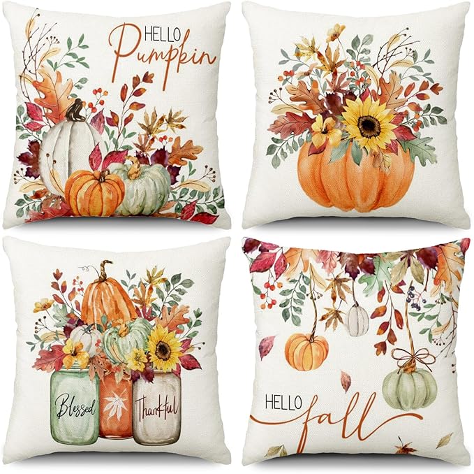 Hello Fall Pumpkin Pillows Decorative Throw Pillows Covers, 20x20 Inch Autumn Thankful Blessed Maple Leaf Harvest Floral Decorations for Sofa Couch Living Room Set of 4