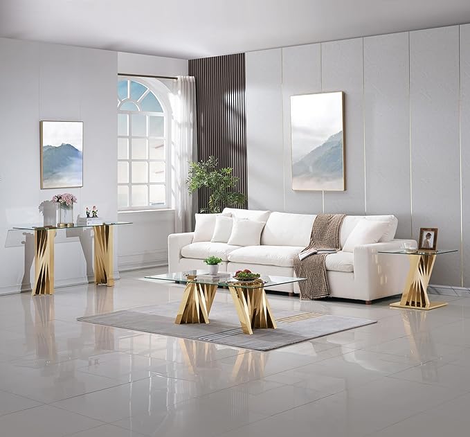 Glass 4 Piece Living Room Table Sets,4-Piece Table Set Includes 1 Glass Coffee Table and 1 Console Table and 2 End Tables with Stainless Steel Frame,Modern Coffee Table Set of 4 for Living Room