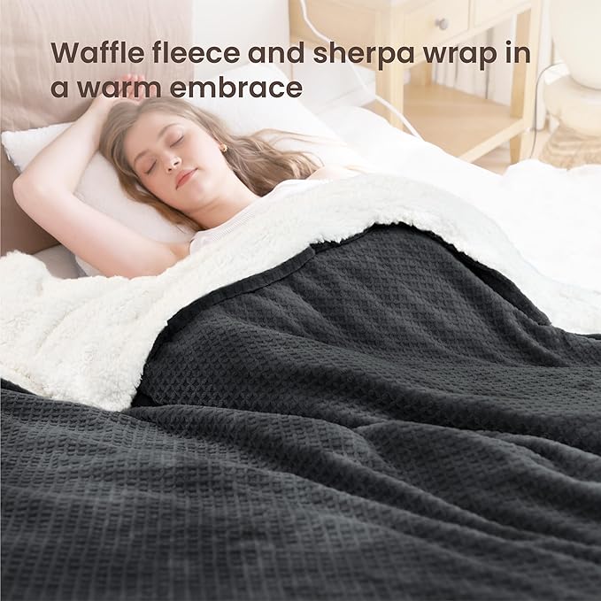 Heated Blanket Electric Blanket Full Waffle,72x84 Inches Sherpa Fleece Fast Heating Blanket 6 Heating Levels & 10 Hours Auto Off ETL Certification,Charcoal Full