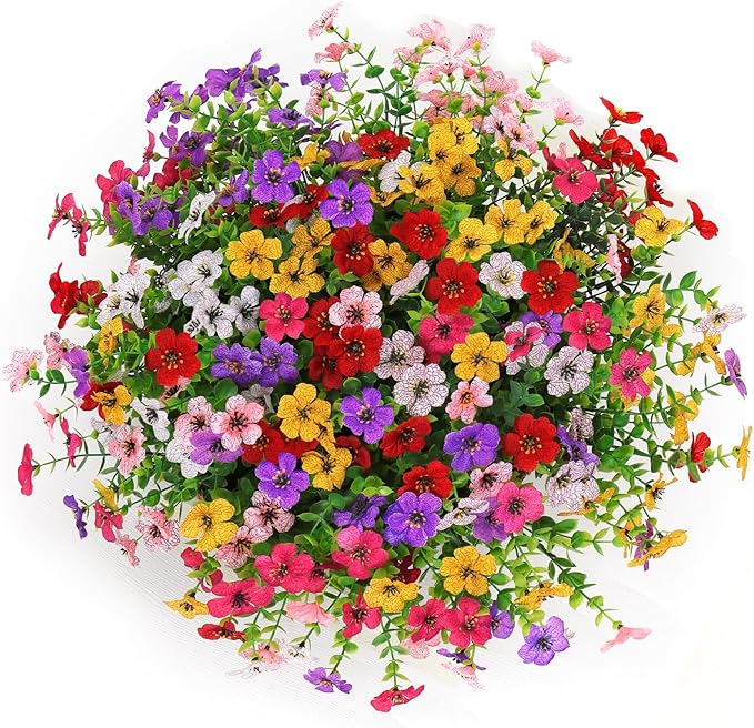 Alynsehom 1 Set Artificial Flowers with Hanging Basket, 1 Outdoor Hanging Plants with 12pcs Faux UV Resistant Fake Silk Azalea in Baskets for Porch Garden Patio Balcony Yard Home Decor(6 Colors)