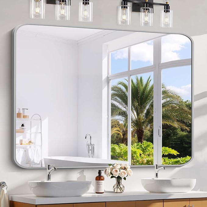 48x40 Inch Silver Bathroom Mirror, Large Rectangle Mirror, Metal Framed Rectangular Vanity Mirror, Rounded Corner Wall Mounted Mirror for Living Room Bedroom Entryway Horizontal or Vertical