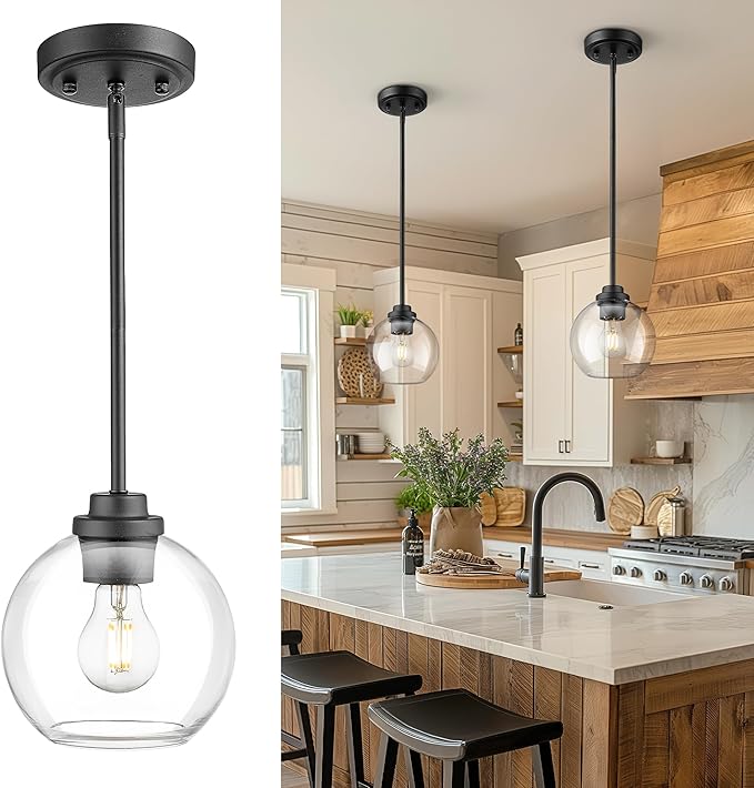 Matte Black Pendant Light, Mid Century Globe Haning Light Fixture Ceiling with Clear Glass for Kitchen Island Dining Room Bedroom Hallway Foyer (1 Pack), PL101BK