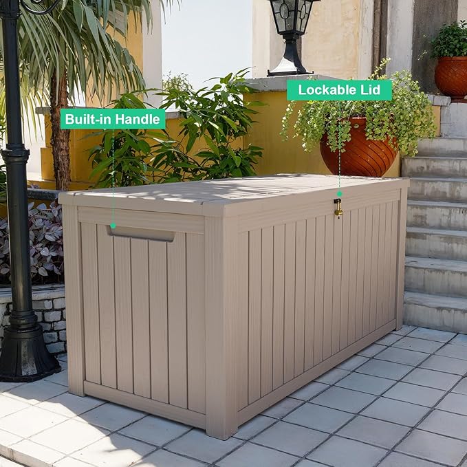 180 Gallon Large Deck Box,Resin Outdoor Storage Box with Lockable for Patio Furniture, Garden Tools Waterproof Outside Storage Box, (Grey)