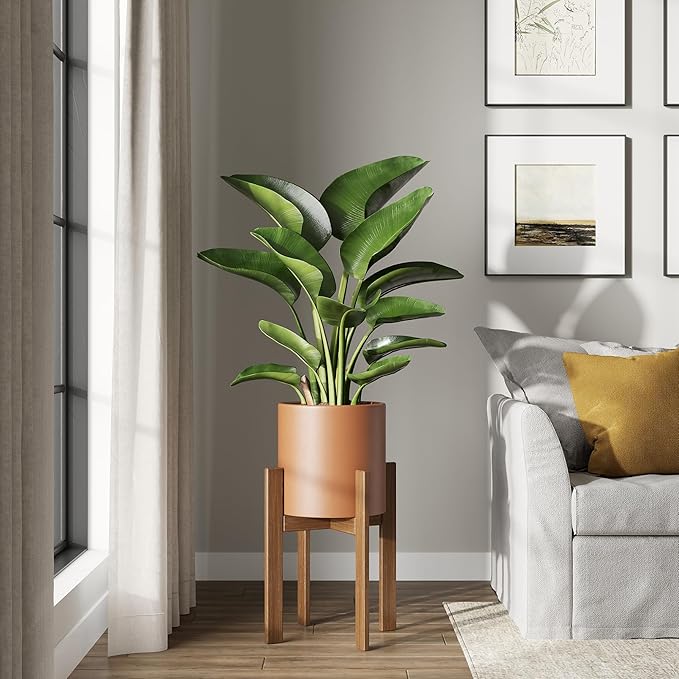 DTY Signature Mount Powell Fiberstone Planter - 12 Inch Medium Terracotta Cylindrical Mid-Century Modern Home Decor Indoor & Outdoor Plant Pot - Durable Planters for Indoor Plants, Outdoor Spaces