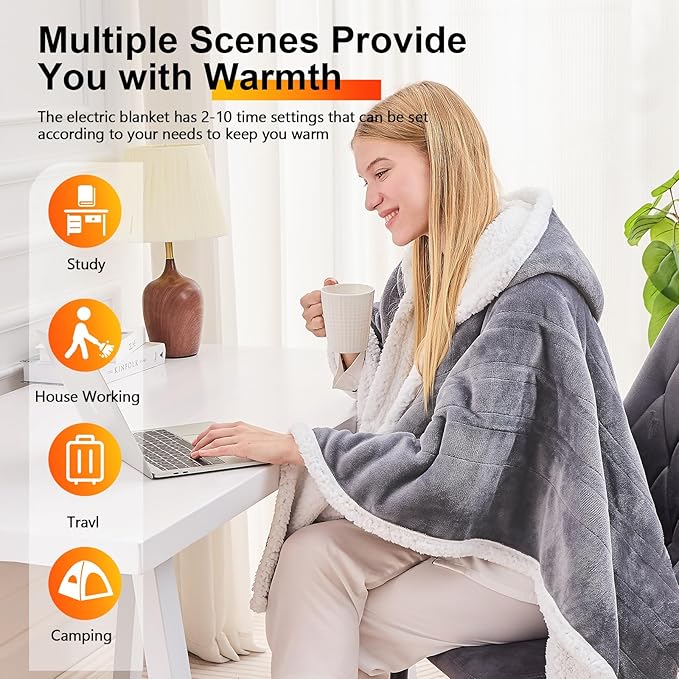 greenoak Wearable Heated Throw Blanket Electric Shawl - Heated Robe Poncho Blanket Hoodie for Adult, Winter Gifts for Mom Women Girlfriend Grandma 5-Position Timer 10-Heating Levels,Grey