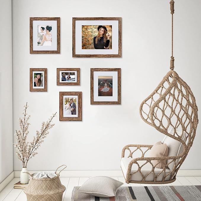 11x14 Picture Frame Set of 2, Made of Real Glass and Rustic Brown Wooden Frame, Display 8x10 Pictures with Mat or 11 x 14 Posters without Mat for Wall Mounting, Gallery Photo Frames