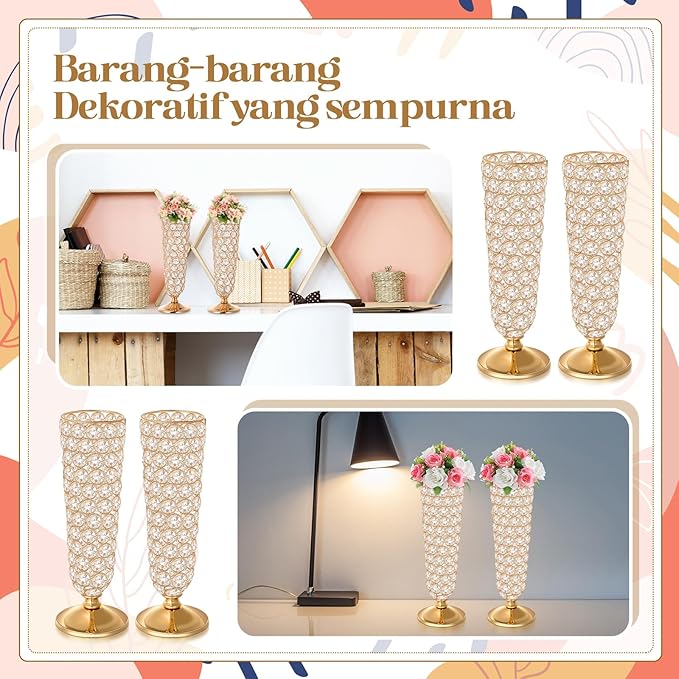 Rtteri 4 Pcs 12 Inch Tall Crystal Vase for Centerpieces Wedding Metal Crystal Trumpet Flower Vase Stand for Table Floor Wedding Party Favor Banquet Celebration, Classic Elegance(Gold)