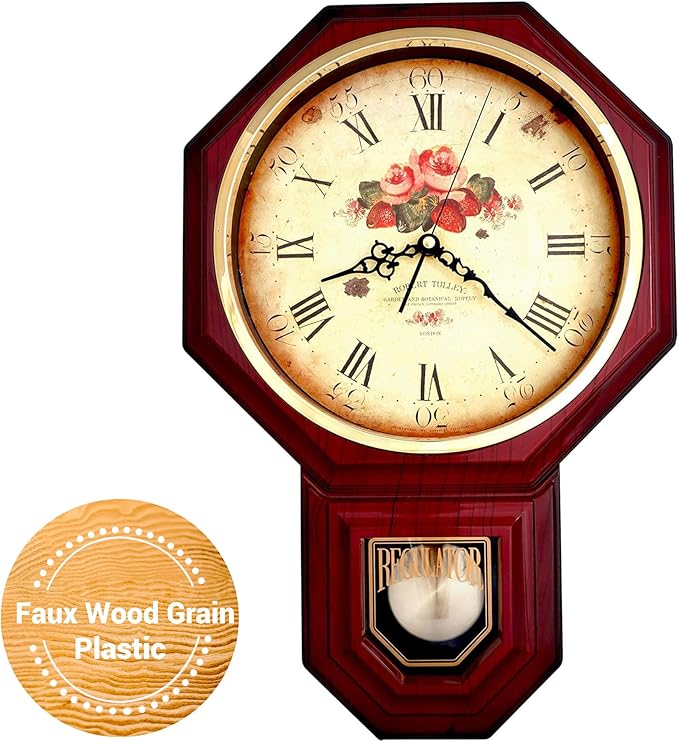 JUSTIME Traditional Schoolhouse Classic Vintage Rose Regulator Wall Clock, Chiming Wall Clocks with Pendulum & Westminster Chime Hourly, Schoolhouse Wall Decor Battery Operated (Red Mahogany)