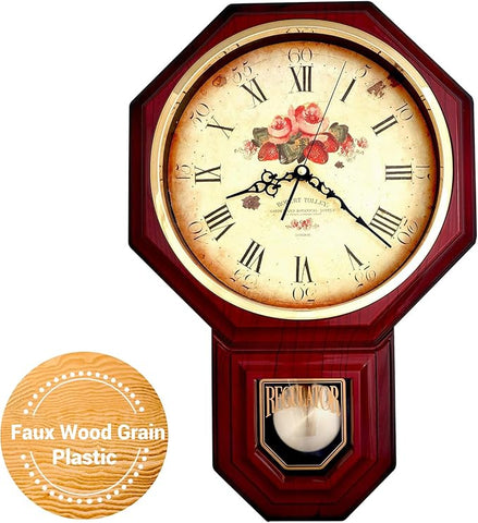 JUSTIME Traditional Schoolhouse Classic Vintage Rose Regulator Wall Clock, Chiming Wall Clocks with Pendulum & Westminster Chime Hourly, Schoolhouse Wall Decor Battery Operated (Red Mahogany)