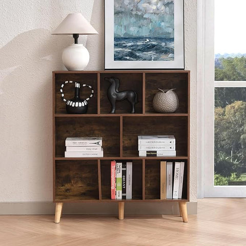 8 Cube Wood Bookshelf, 3 Tier Modern Bookcase with Legs, Open Display Cubby Bookshelf Freestanding Book Shelves for Home Office, Living Room, Bedroom, Brown