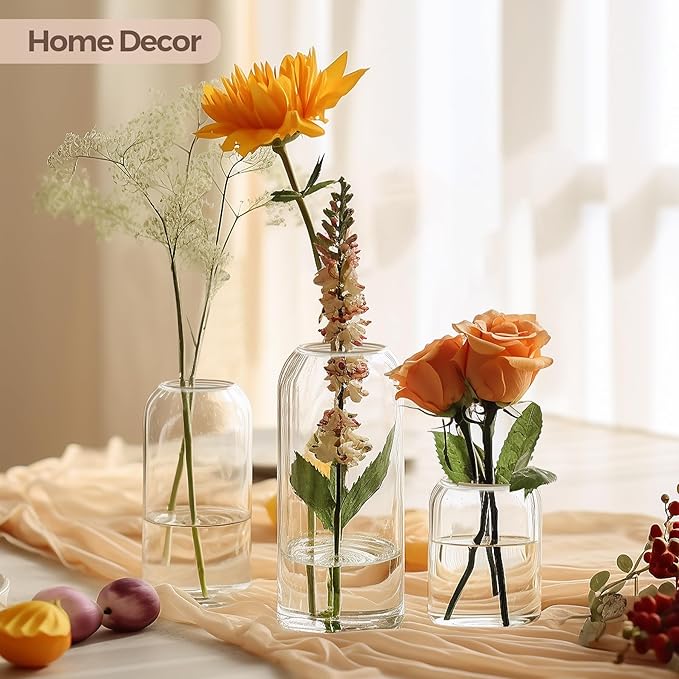 ComSaf Small Flower Vase Set of 3, Glass Bud Vases in Bulk, Clear Vases for Flower, Home Decor Centerpiece for Living Room and Bedroom, Decorative Vases for Wedding, Valentines' Day, Mother's Day