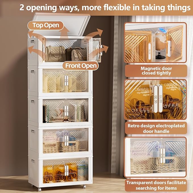 Storage Bins with Lid 76QT, Stackable Storage Containers with Wheels and Magnetic Doors, Plastic Clothes Closet Organizers and Storage Box for Pantry, Home and Office (5 Pack)