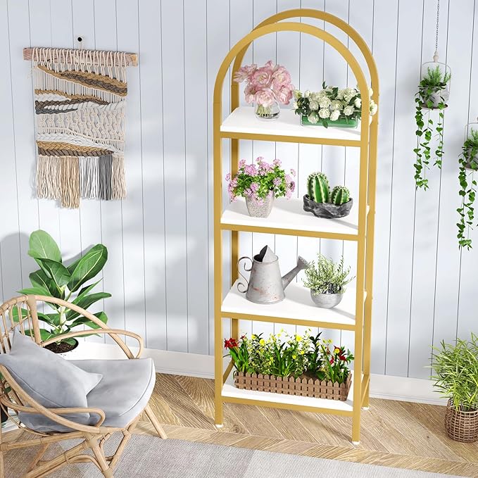 Tribesigns 4-Tier Open Bookshelf, 70.8" Modern Wood Bookcase Storage Shelves with Metal Frame, Freestanding Display Rack Tall Shelving Unit for Office, Bedroom, Living Room (White & Gold, 1PC)