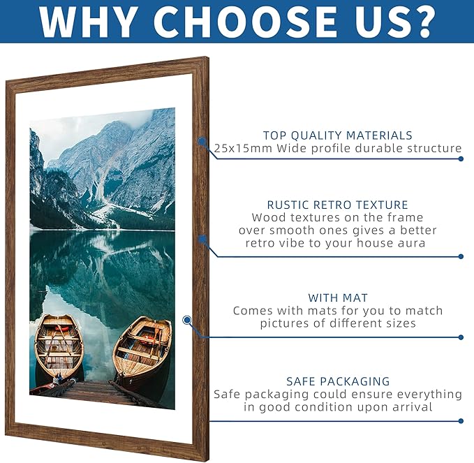 24x36 Poster Frame Set of 2, Rustic Brown Wood Style - Display 20x30 Picture with Mat or 24 x 36 Poster without Mat, Wall Mounting Horizontal and Vertical