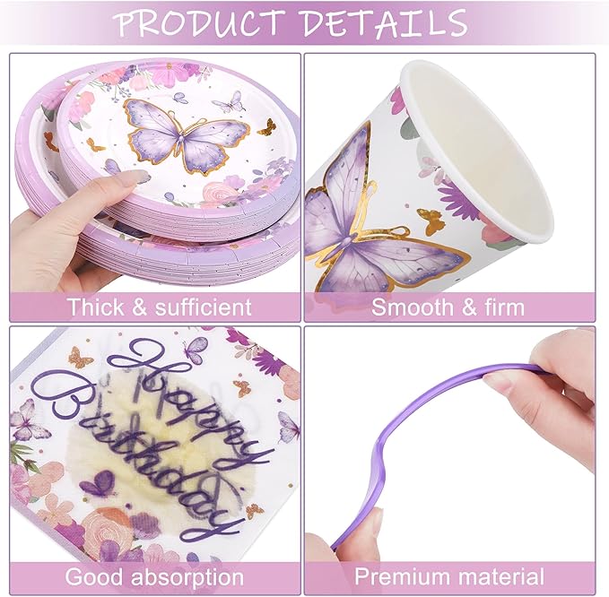 400 Pieces Butterfly Disposable Party Tableware Sets Including Plates Cups Napkins Cutlery Serves 50 for Butterfly-themed Party Birthday Baby Shower Girls Party Decorations
