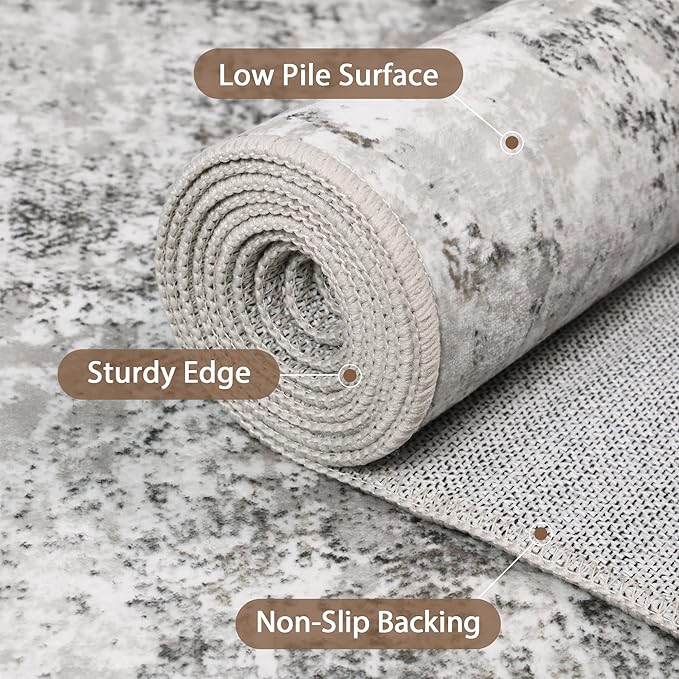 GENIMO Washable Area Rugs for Living Room Bedroom, 8x10 Modern Abstract Non Slip Rug, Low Pile Soft Contemporary Indoor Floor Carpet Cover for Dining Room Kitchen, Grey