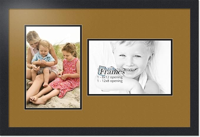 ArtToFrames Collage Photo Frame Double Mat with 2-8x12 Openings with Satin Black Frame and El Dorado mat.