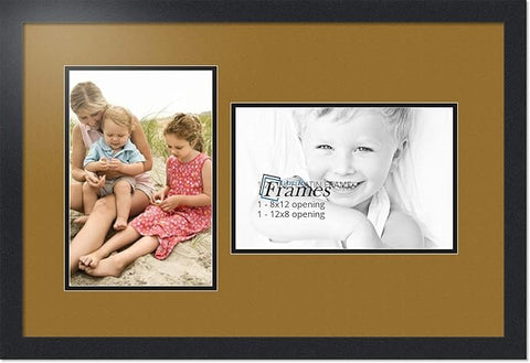 ArtToFrames Collage Photo Frame Double Mat with 2-8x12 Openings with Satin Black Frame and El Dorado mat.
