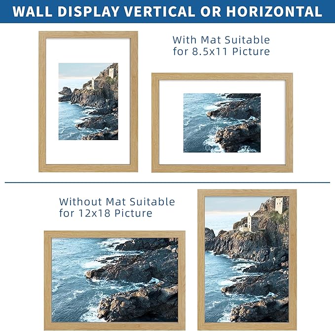 12x18 Frame Set of 2, Natural Oak Wood Style, Display 12 x 18 Poster without Mat or 8.5x11 Picture with Mat, Wall Mounting Horizontal and Vertical