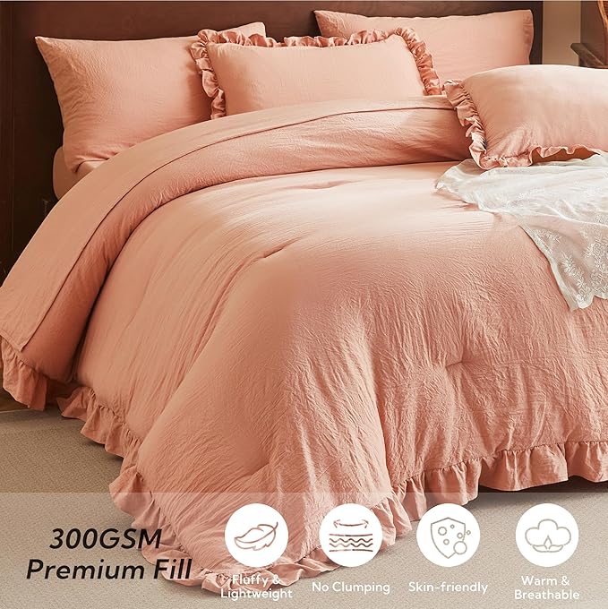 MR&HM King Comforter Set 7 Pieces, Soft Ruffled Bedding Set Coral Pink, Farmhouse Shabby Chic Bed in a Bag with 1 Comforter, 1 Flat Sheet, 1 Fitted Sheet, 2 Pillowcases & 2 Pillow Shams