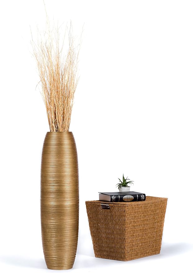 Leewadee Large Gold Home Decor Floor Vase – Wooden 34 inches Tall Farmhouse Decor Flower Holder for Fake Plant and Pampas Grass