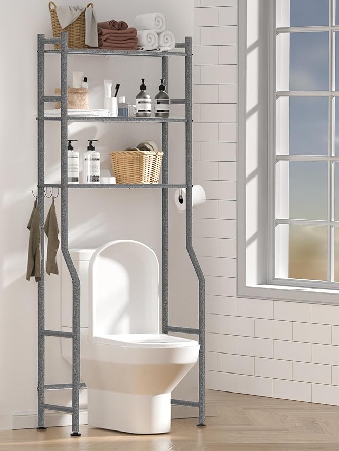 3 Tier Over The Toilet Storage Rack with 2 Basket, Metal Freestanding Bathroom Shelves Toilet with Paper Holder and 4 Hooks, Over Toilet Storage Shelf for Bathroom Storage, Snow Black