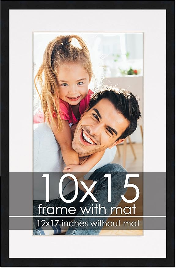 10x15 Frame with Mat - Black 12x17 Frame Wood Made to Display Print or Poster Measuring 10 x 15 Inches with White Photo Mat