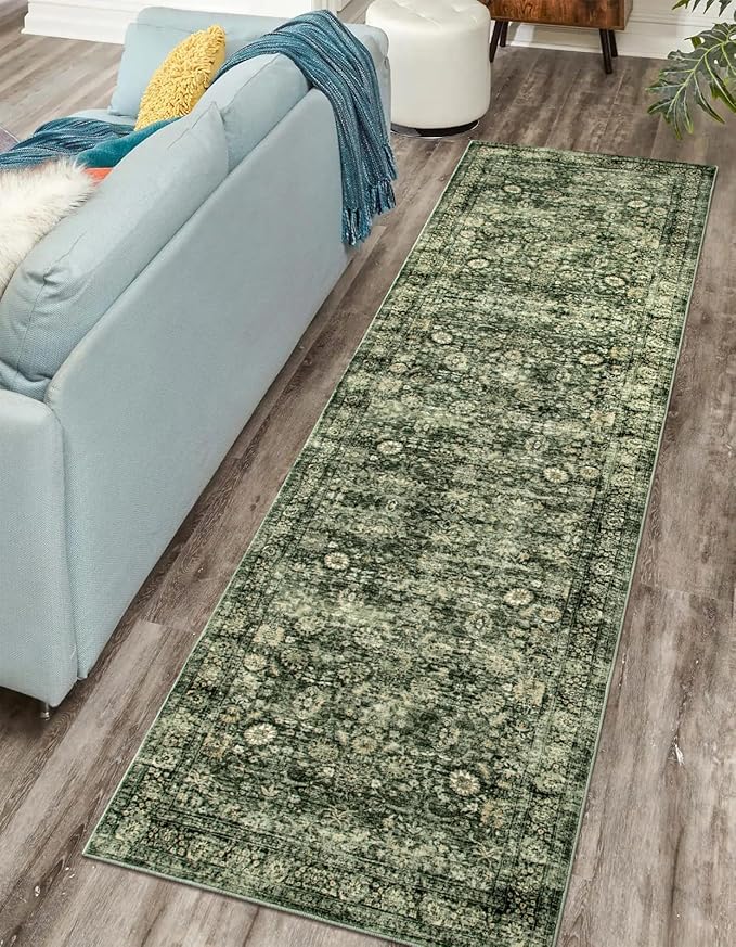 Morebes Vintage Kitchen Runner Rugs Non Skid Washable, Floral Boho 2x8 Runner Rug, Non Shedding Runner Rugs for Hallway Indoor Floor Carpet Runner for Laundry Room Bedroom, Grayish Green