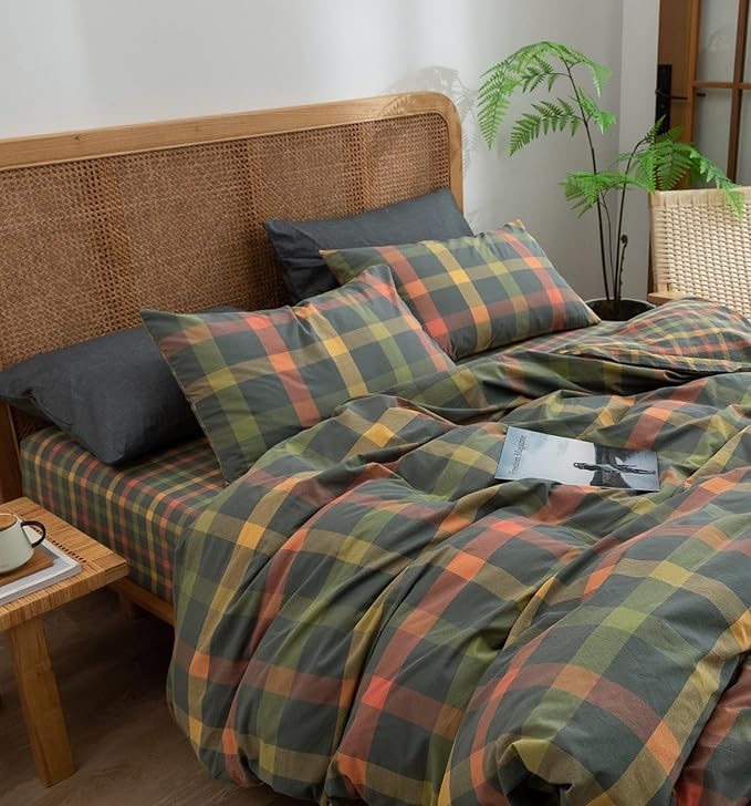 VM VOUGEMARKET Plaid Duvet Cover Set Queen Washed Cotton Reversible Bedding Multicolor Buffalo Grid Duvet Cover with 2 Pillowcases for Men Women(Orange/Grey/Green,Queen)