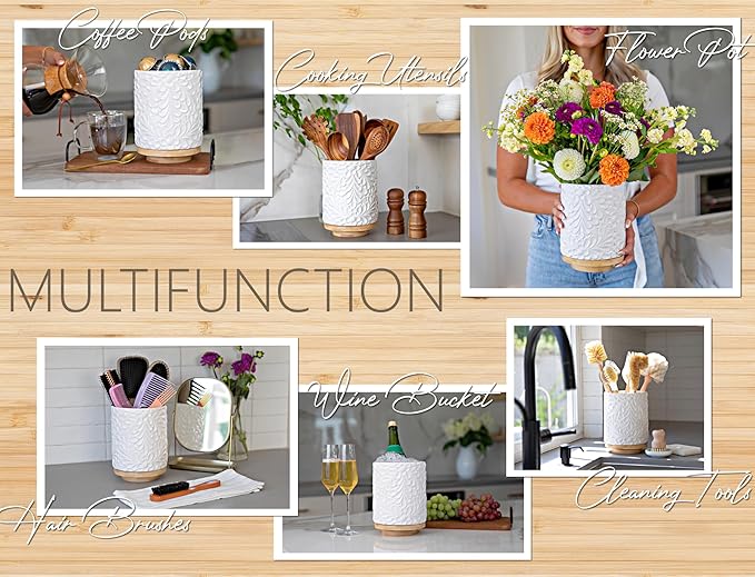 Extra Large 360° Rotating Utensil Holder for Kitchen Counter, 8.3” Cooking Utensil Holder for Countertop with Bamboo Base, White Ceramic Utensil Crock Canister for Cooking Utensils - Engraved Design
