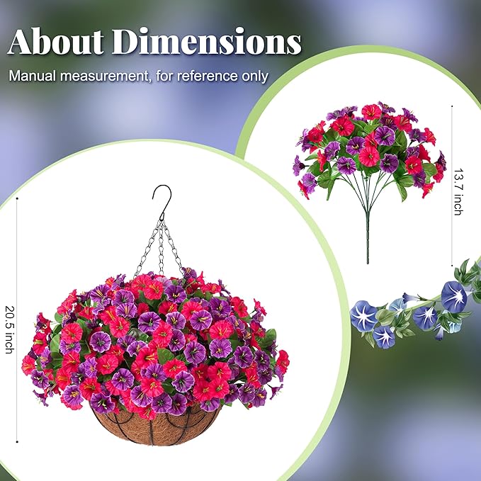Artificial Fake Hanging Flowers with Basket, Faux Silk Morning Glory Flower Arrangement for Spring Summer Decor, Hanging Plant for Patio Garden Porch Outdoor Decor