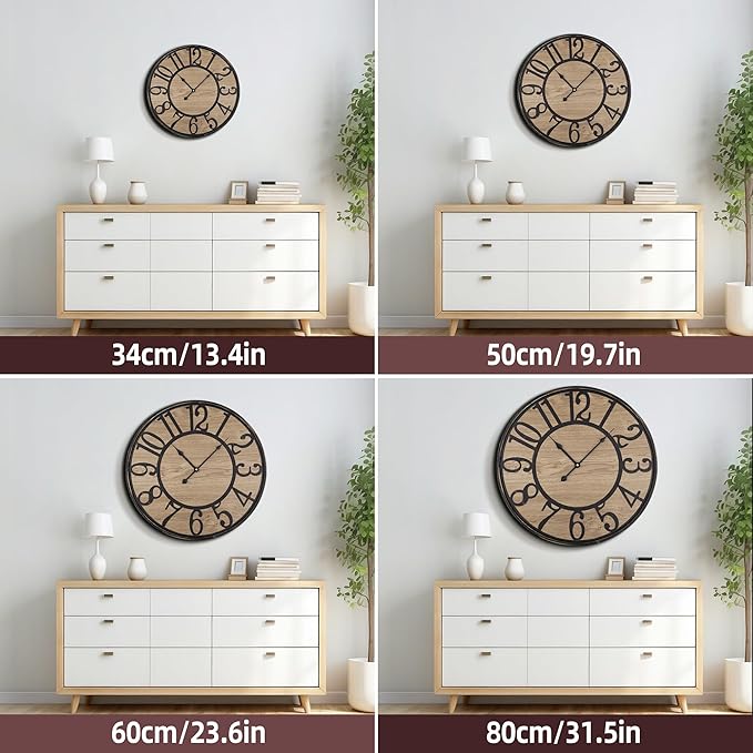 Large Wall Clock for Living Room Decor, Non Ticking Silent, Battery Operated Modern Vintage Wood Wall Clock Oversized Decorative Wall Clock for Bedroom Kitchen Farmhouse Office Decor