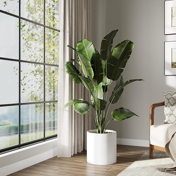 DTY Signature Mount Powell Fiberstone Planter - 14 Inch Large White Cylindrical Mid-Century Modern Home Decor Indoor & Outdoor Plant Pot - Durable Planters for Indoor Plants, Outdoor Spaces