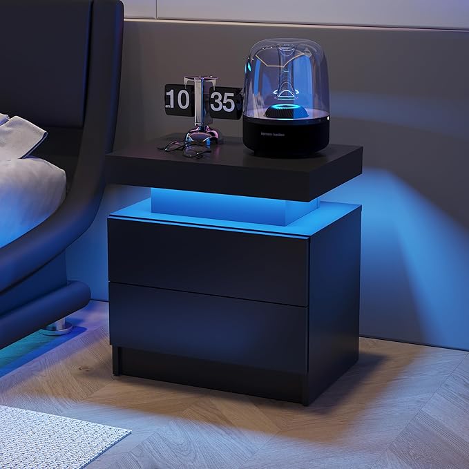 Black Nightstands Set of 2 LED Night Stand Set 2 Modern Bedside Table with 2 Drawers Side Table with LED Lights for Bedroom,Living Room