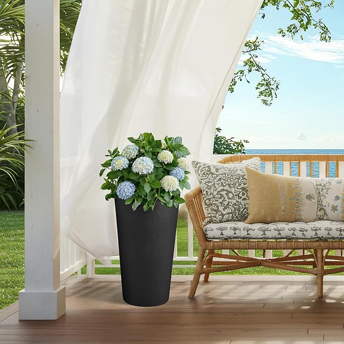 24" Planters for Outdoor/Indoor Plants, Set of 2 Tall Plant Pots, Heavy-Duty Resin Large Vase for Faux Mums Flower, Ideal for Garden, Patio, Yard, Porch or Home Decor, PU Leather-Look Finish